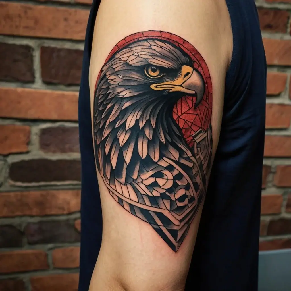 Geometric eagle tattoo on arm with bold lines, intricate shading, and a red circular background highlighting the eagle's head.