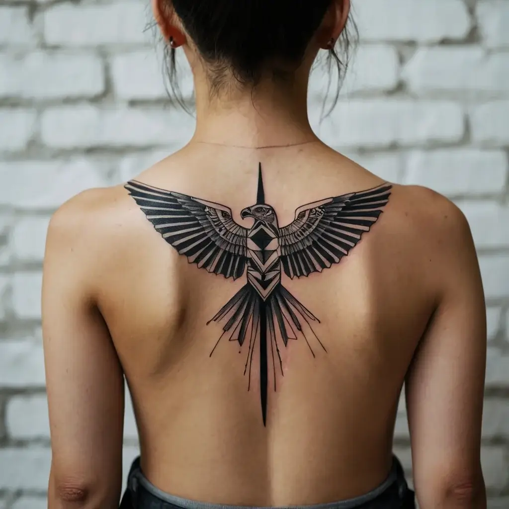 Geometric eagle tattoo on upper back with spread wings, featuring intricate linework and symmetry for a bold design.