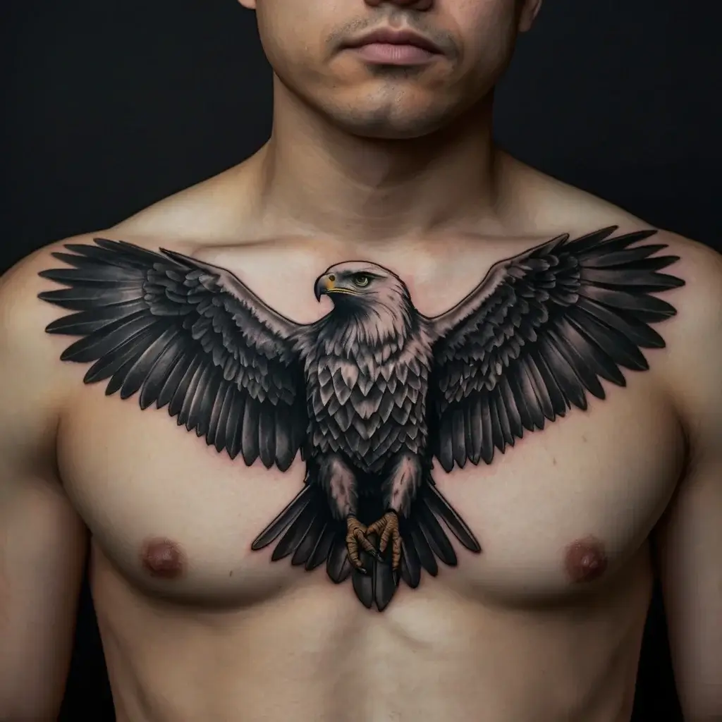 Chest tattoo of a detailed, realistic eagle with outstretched wings, symbolizing freedom and strength.