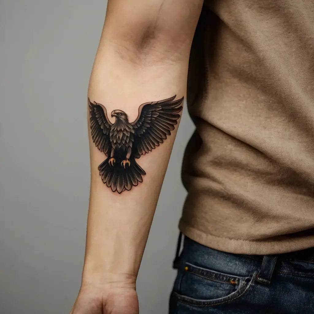 Realistic black and gray eagle tattoo with wings spread, detailed feathers, and subtle shading on the forearm.