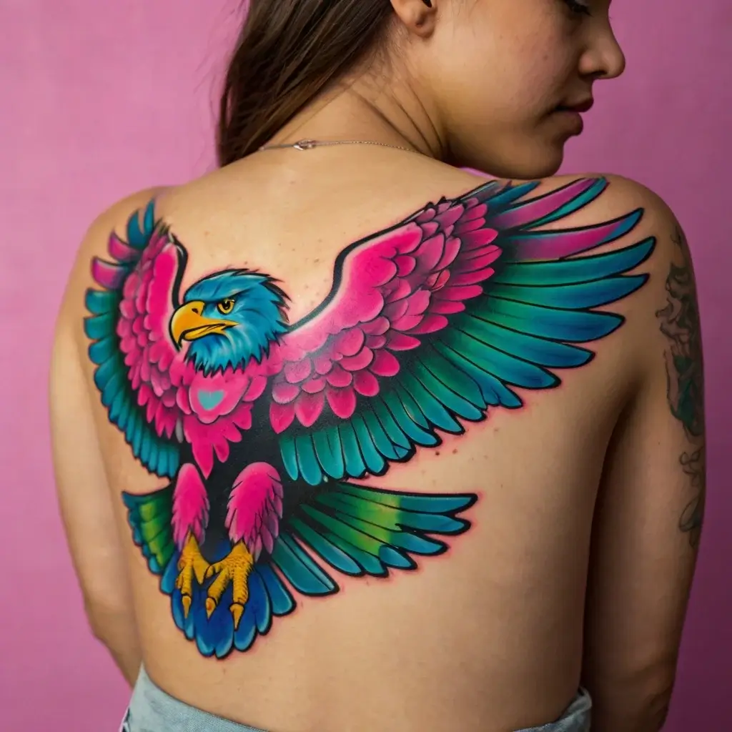 Vibrant eagle tattoo with blue head and pink wings, showcasing bold colors and dynamic style across the upper back.