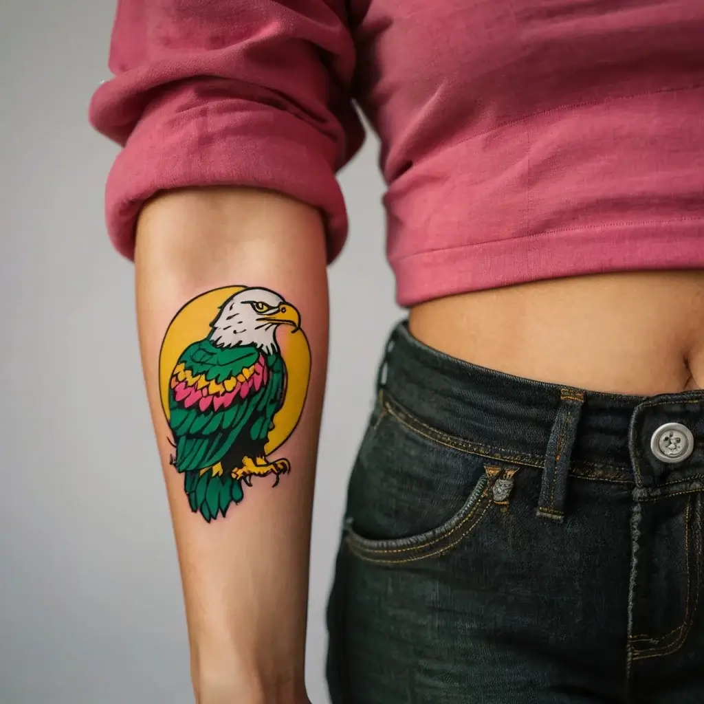 Colorful eagle tattoo with vibrant green and pink feathers, set against a bold yellow circle on the forearm.