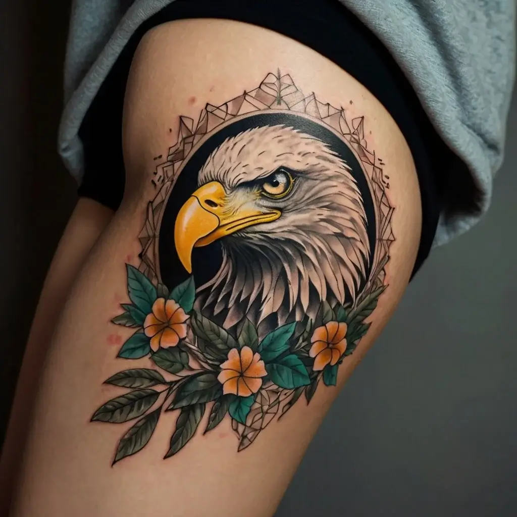 Realistic eagle head tattoo with geometric shapes and flowers, showcasing vibrant colors and intricate details.