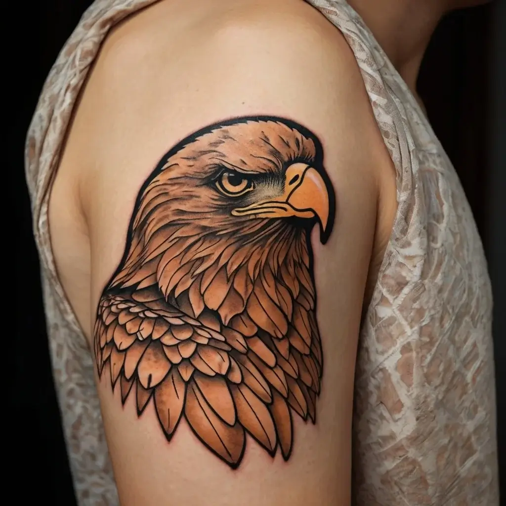 Tattoo of a detailed eagle head with bold outlines and realistic shading, symbolizing strength and freedom on upper arm.