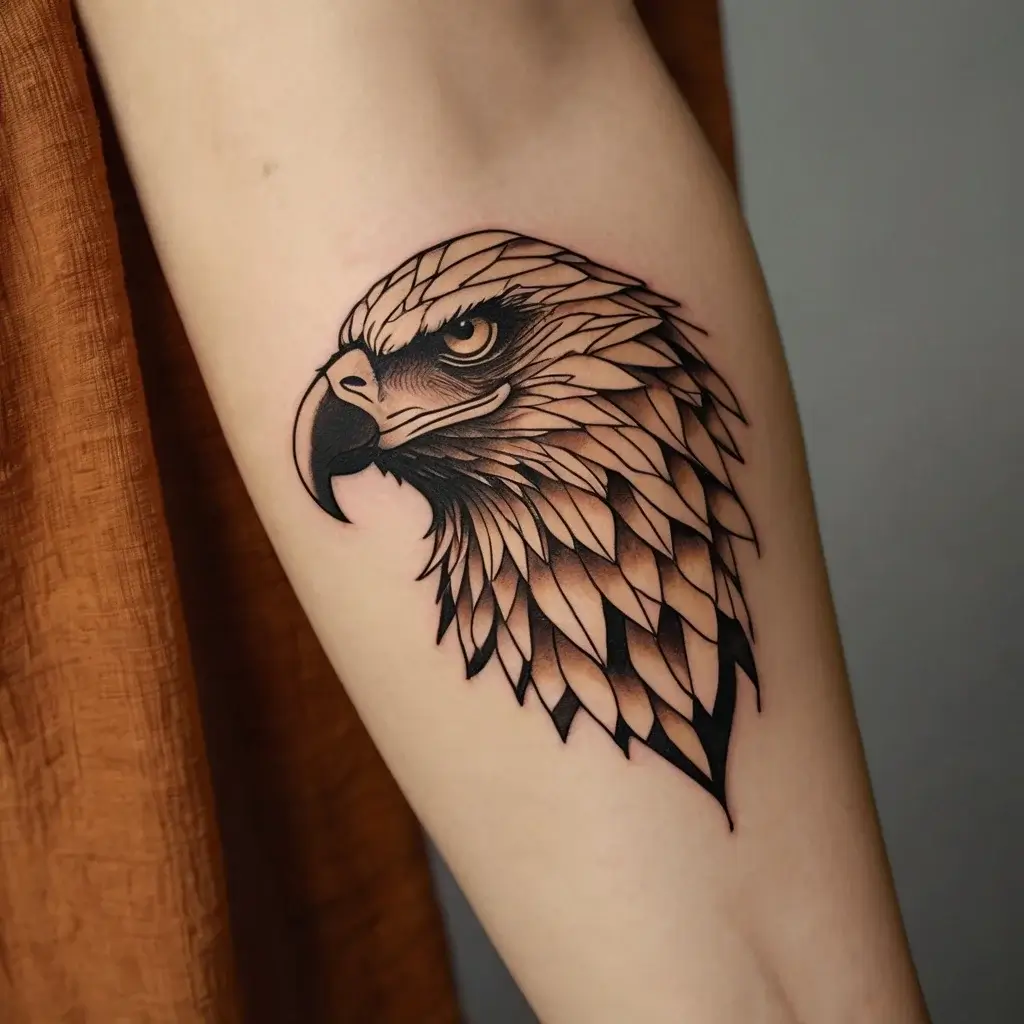 Eagle head tattoo with bold lines and geometric detailing, capturing fierce expression and intricate feather patterns.