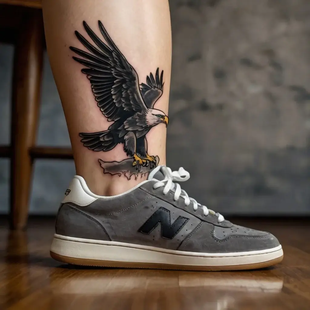 A detailed tattoo of a soaring bald eagle with outstretched wings and sharp talons, perched on a jagged branch on the leg.