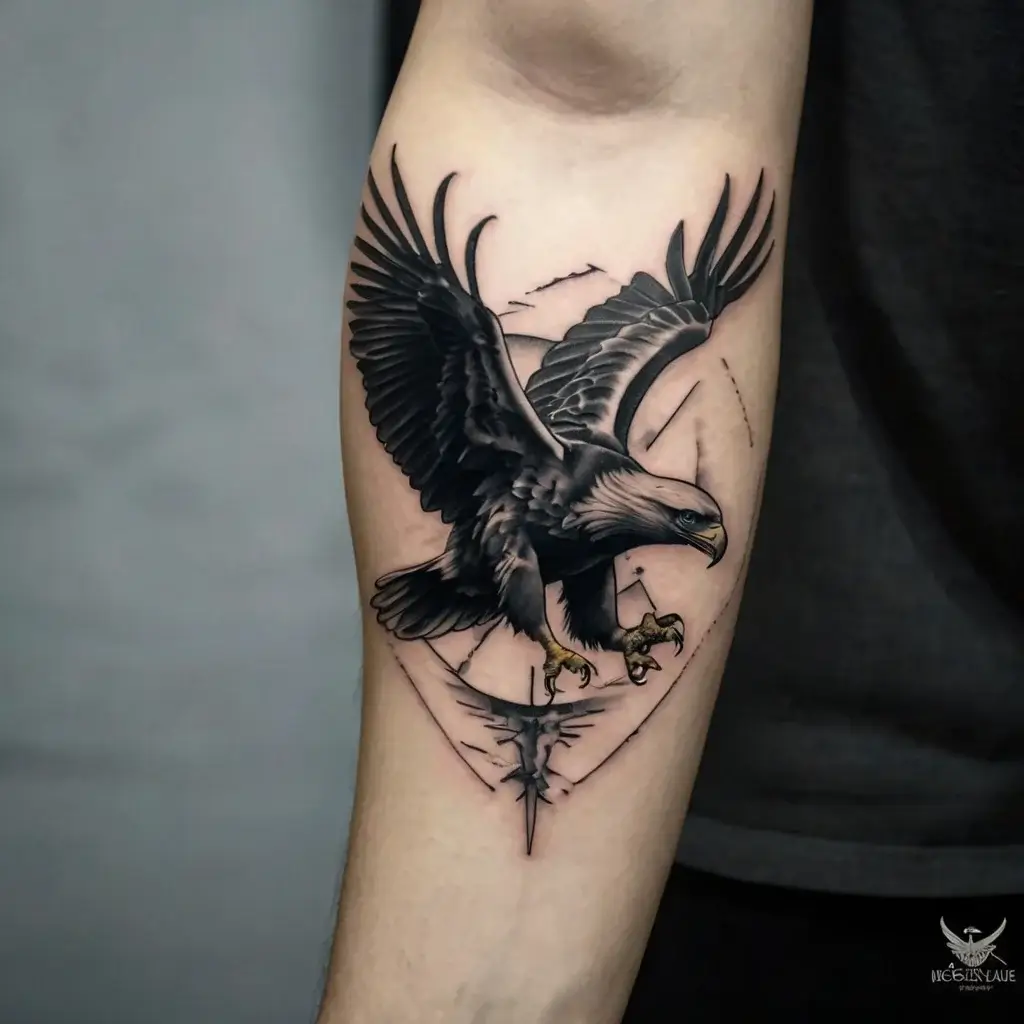 Tattoo of a detailed eagle in flight, with wings spread wide, framed by geometric shapes and abstract line accents.