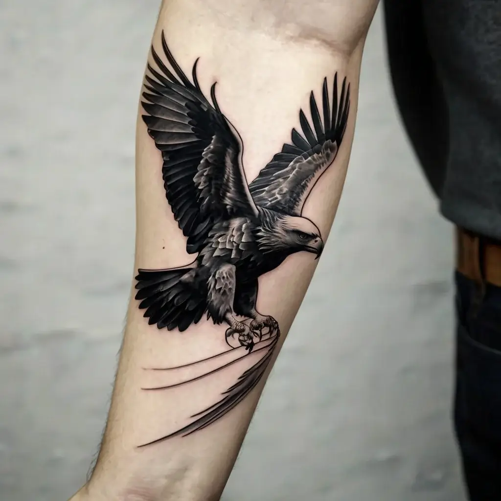 Realistic eagle tattoo on forearm, wings spread wide, talons extended with dynamic lines creating a sense of motion.