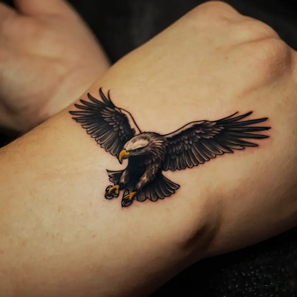 Realistic eagle tattoo with outstretched wings, perched talons, and detailed feather shading on wrist, symbolizing freedom.