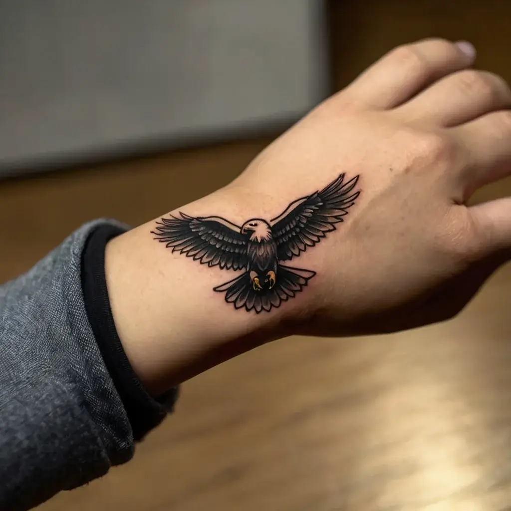 Tattoo of an eagle with outstretched wings in black and gray, detailed feathers, and a sharp gaze, symbolizing freedom.