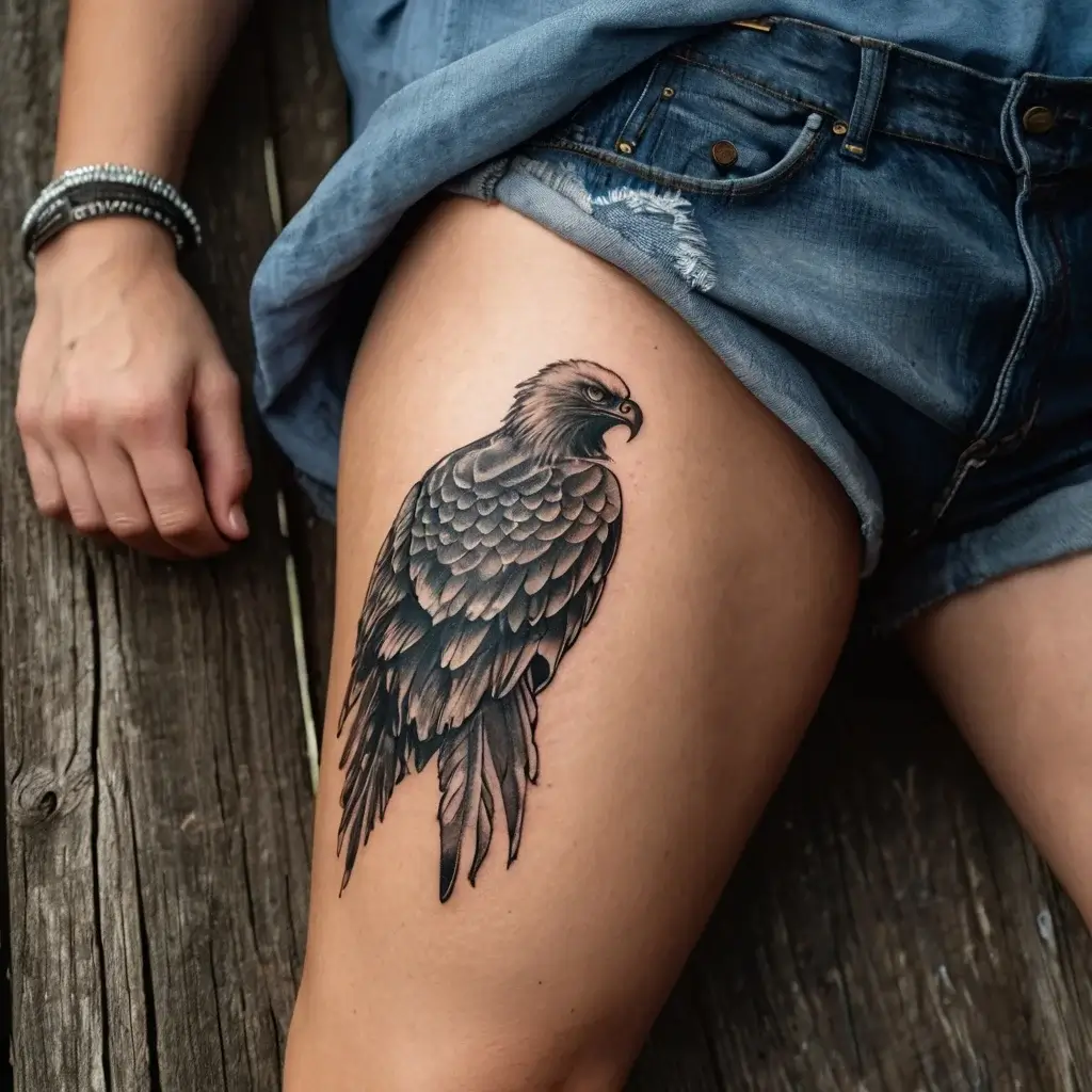 Tattoo of a realistic eagle on the thigh, showing intricate feather detailing and bold line work.