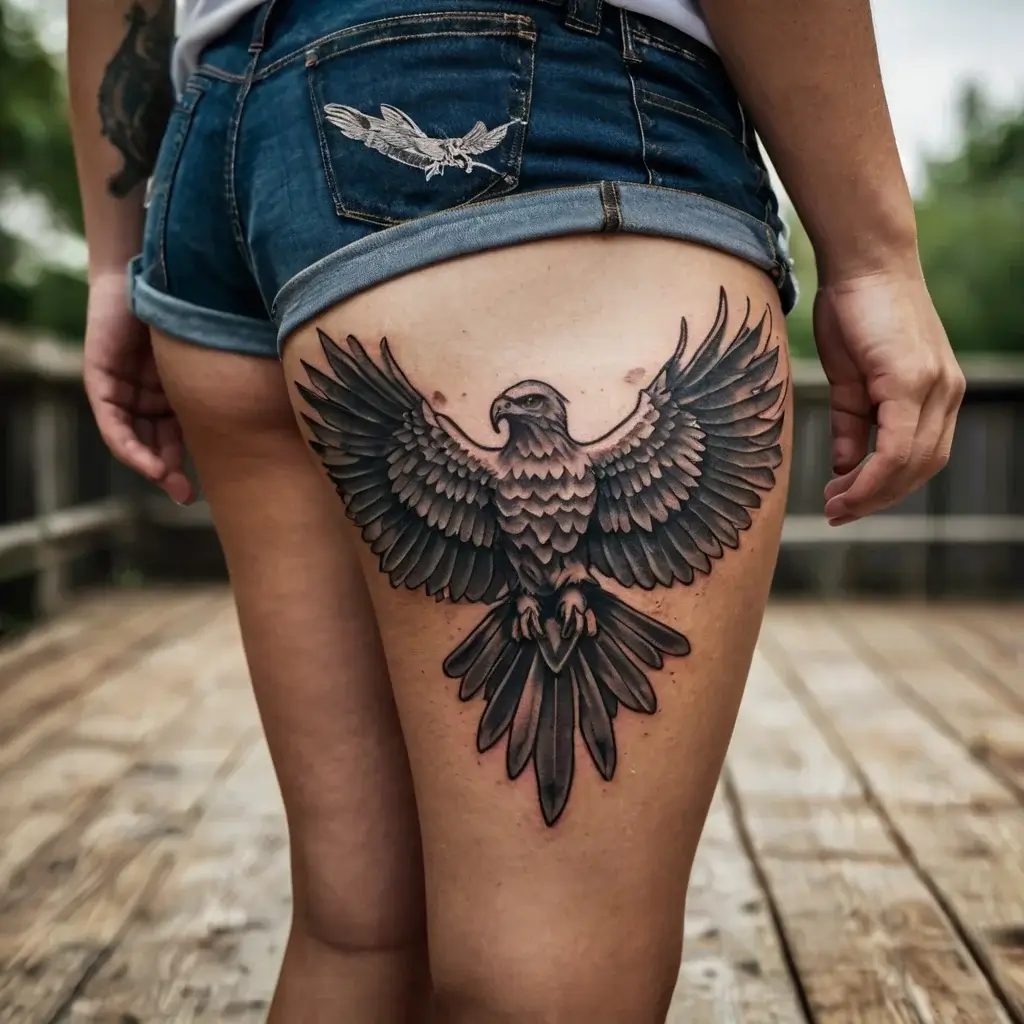 Intricate hawk tattoo on thigh, wings spread wide with detailed feathers and sharp talons, symbolizing freedom and strength.