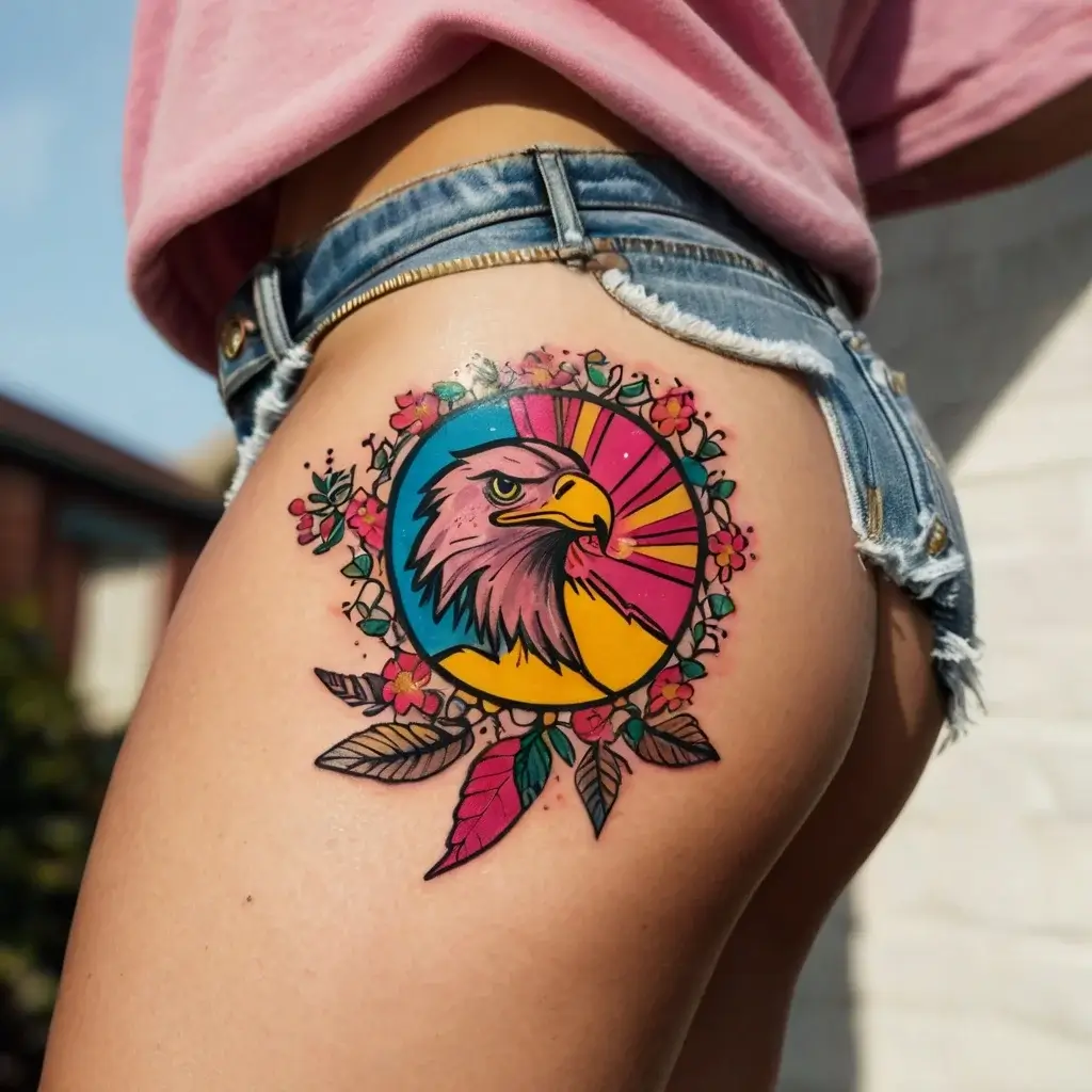 Colorful eagle tattoo with sunburst background, surrounded by flowers and feathers, on the side of a thigh.