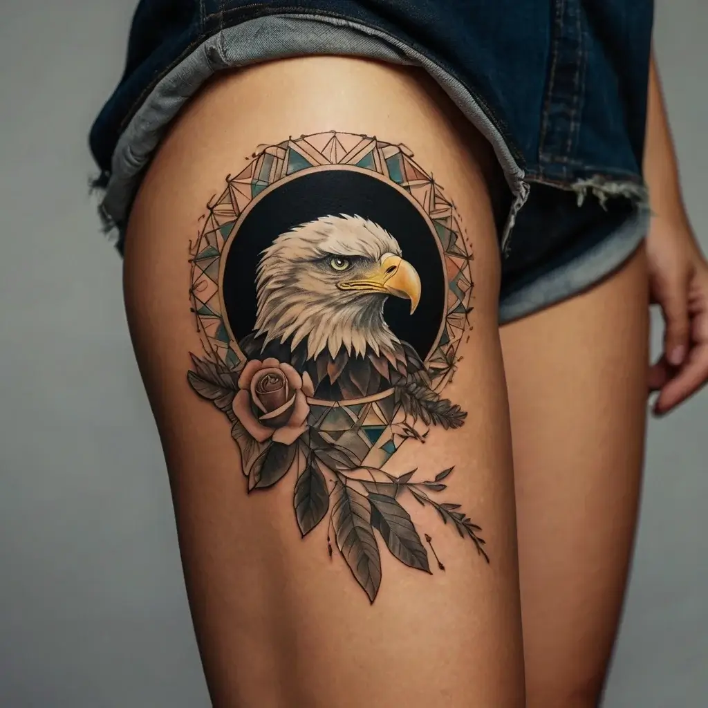 Intricate eagle tattoo with geometric halo, detailed feathers, a rose, and leaves on thigh, blending realism and symbolism.