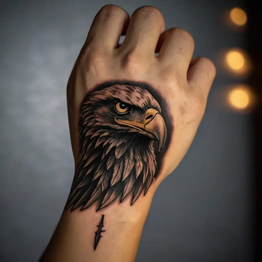 Realistic eagle head tattoo on the hand, detailed feathers and sharp gaze, with small minimalist design below.