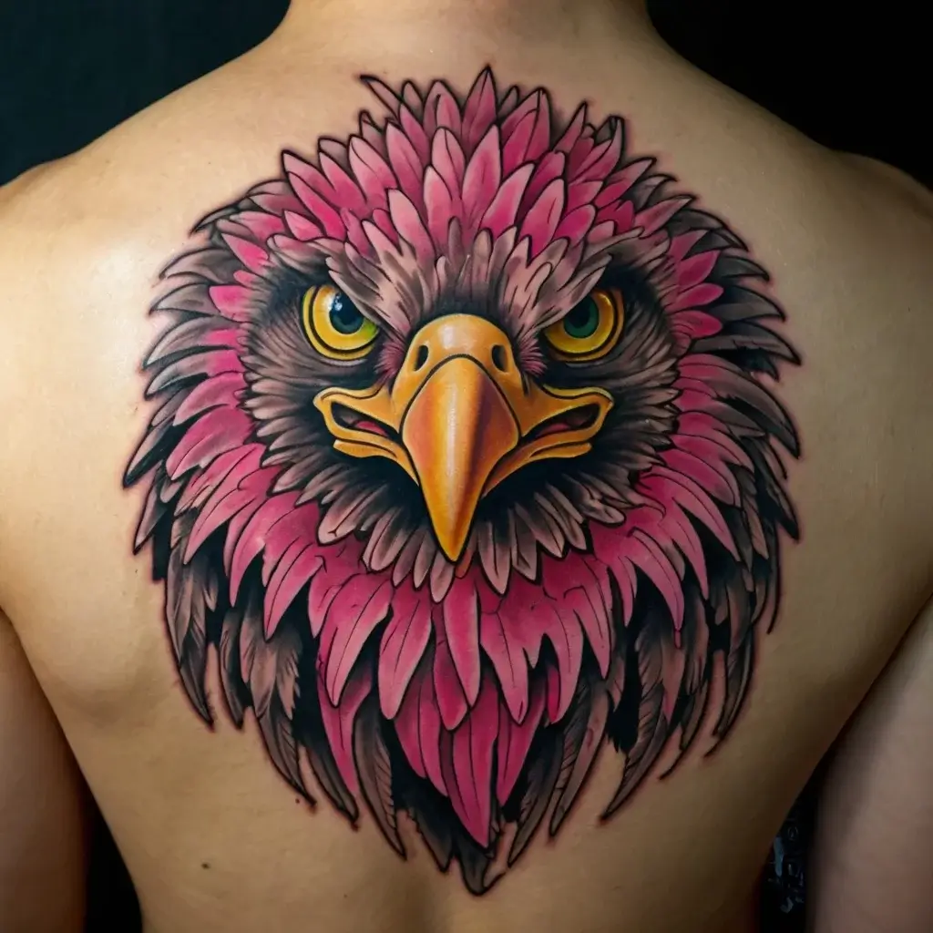 Tattoo of a vibrant eagle head with pink feathers and intense yellow eyes on the back, symbolizing strength and freedom.