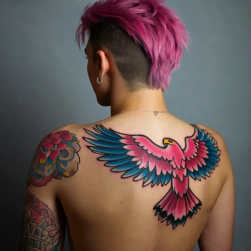 Colorful hawk tattoo on back, wings spread wide. Vibrant pink body, blue and green feathers, alongside floral shoulder design.