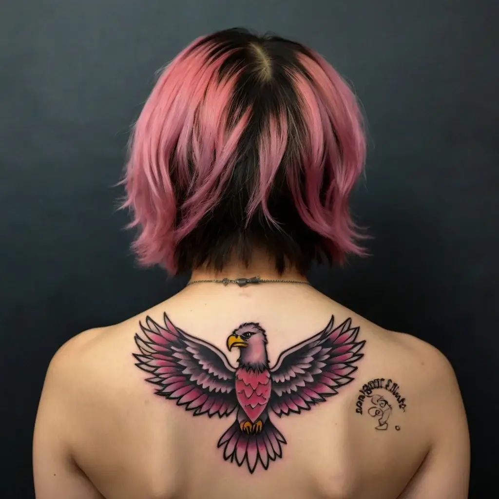 Tattoo of a pink and black winged eagle in neo-traditional style on back, with smaller abstract design on the side.