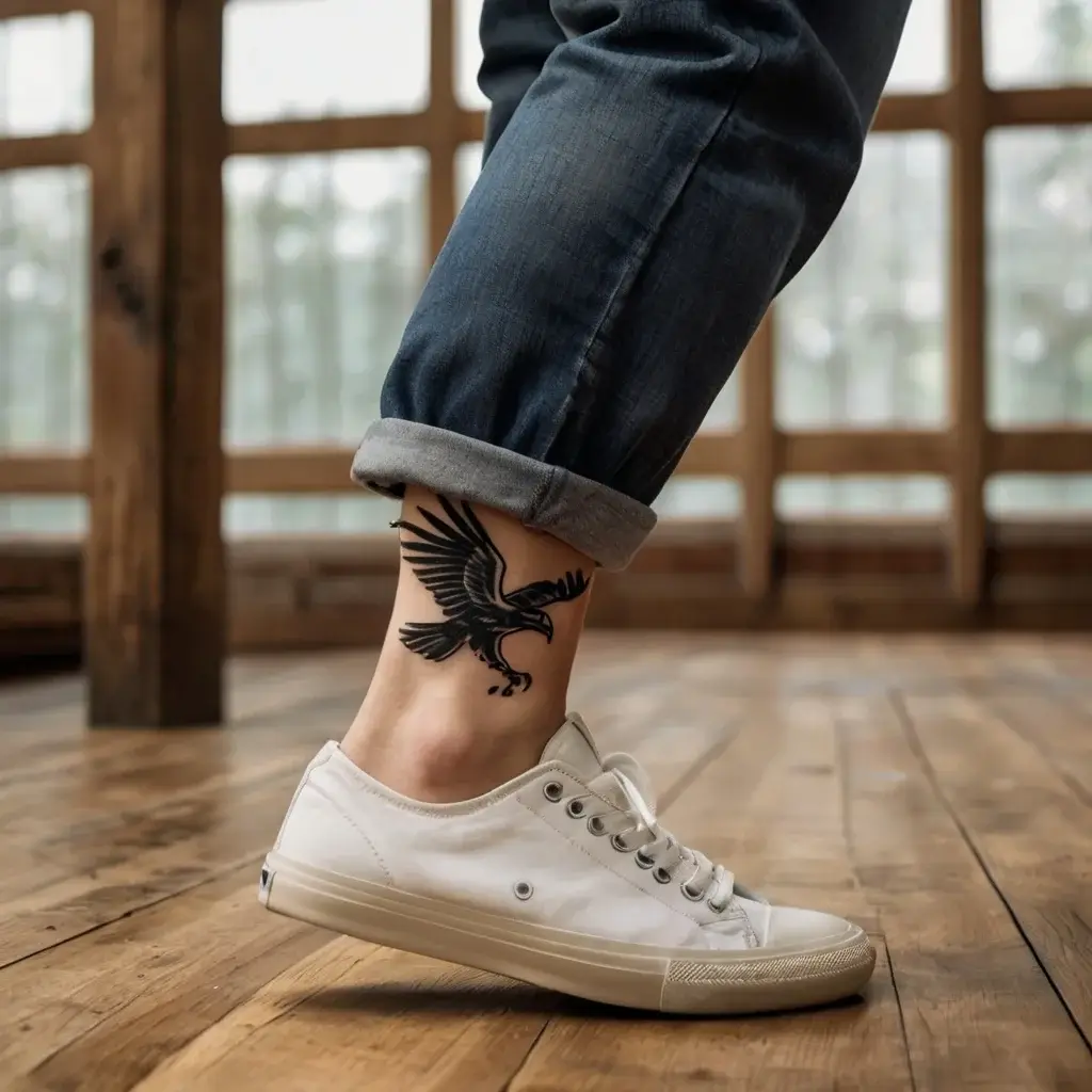 Black tattoo of a soaring eagle on the ankle, symbolizing freedom and strength, with bold, detailed wings.