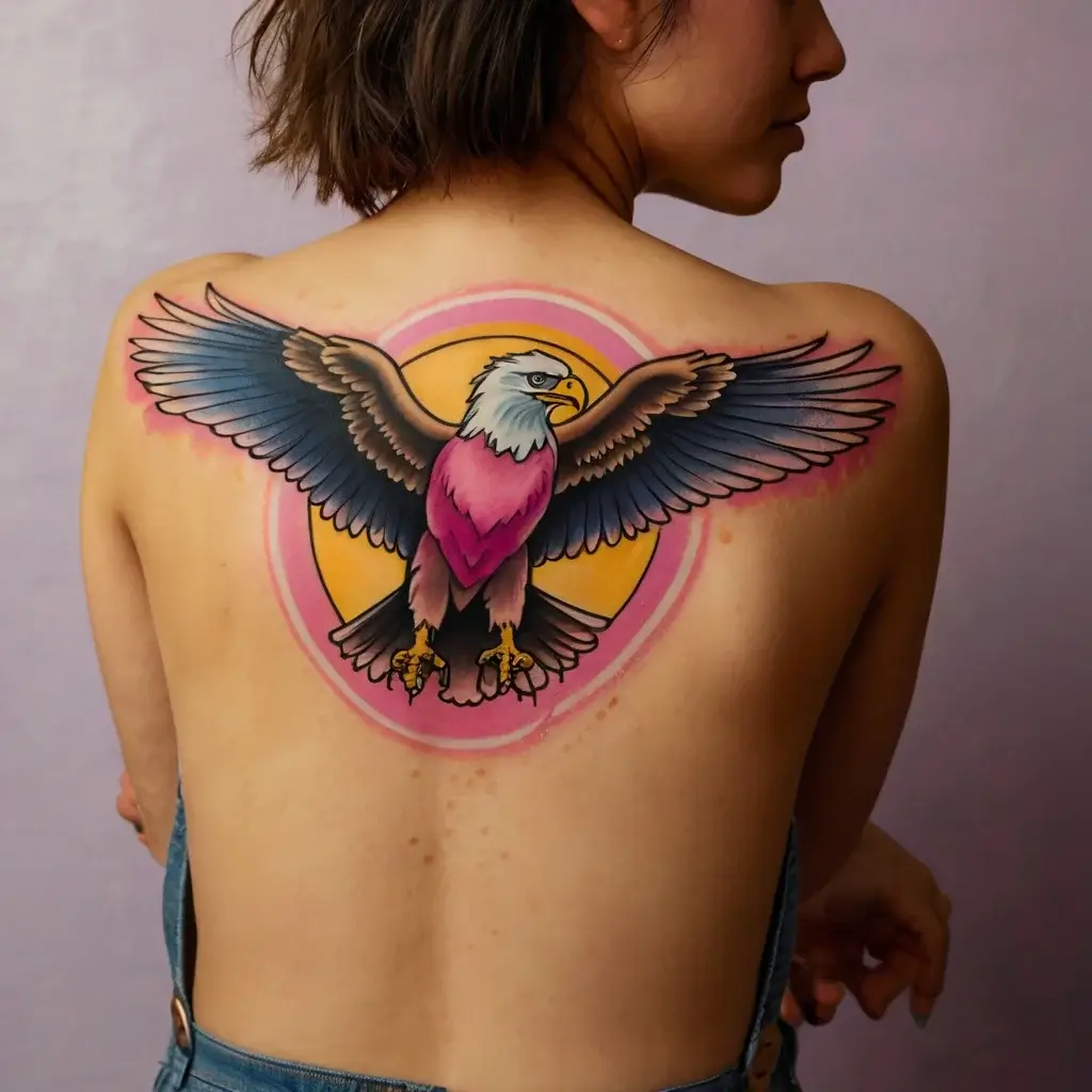 Tattoo of a bold eagle with outstretched wings, vivid colors, and a circular yellow-pink background on the back.