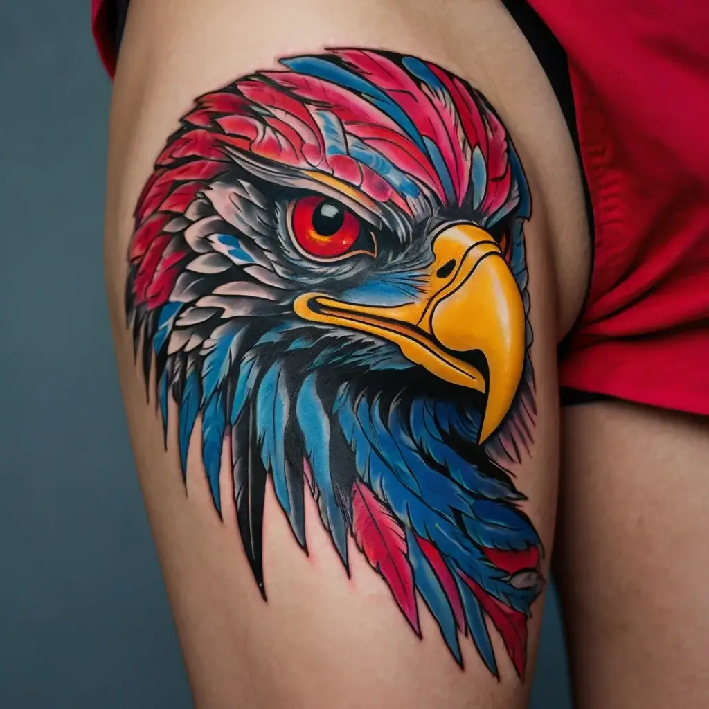 Vibrant eagle tattoo in neo-traditional style with red and blue feathers and a striking yellow beak on the thigh.