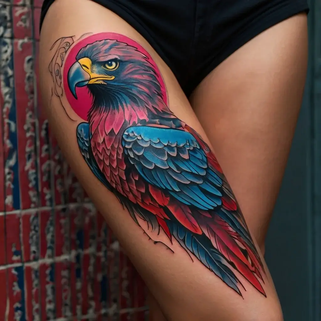 Vibrant eagle tattoo with blue and red feathers on a thigh, highlighting bold outlines and intricate shading.