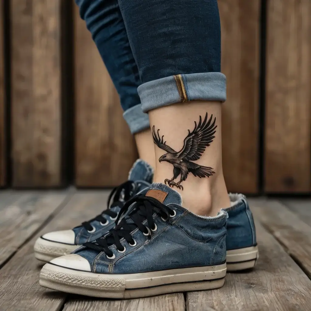 Tattoo of a detailed, realistic eagle in flight on the lower leg, symbolizing freedom and strength.