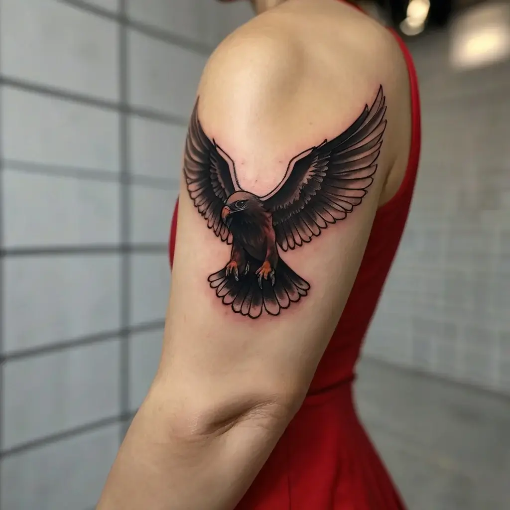 Tattoo of a detailed eagle in flight on the upper arm, with wings spread wide, symbolizing freedom and strength.