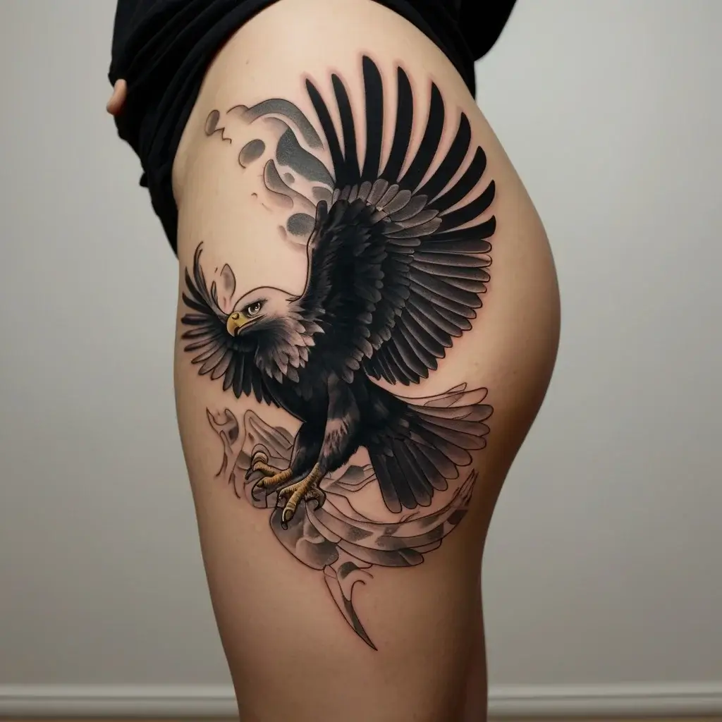 A detailed tattoo of a soaring eagle on the thigh, with outstretched wings and intricate shading for a dynamic effect.