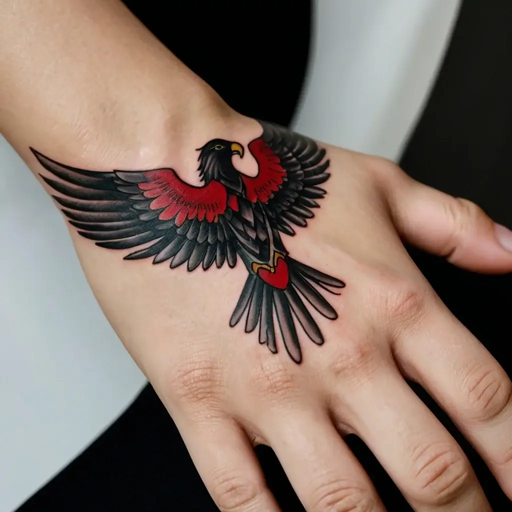 Bold eagle tattoo on hand with red accents, spread wings, and a heart detail, symbolizing strength and courage.