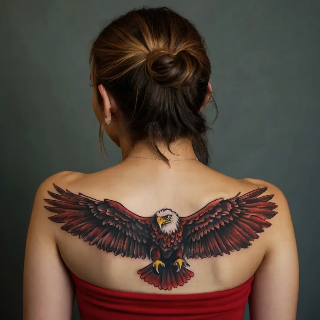 Tattoo of a majestic eagle with outstretched wings in red and black ink, covering the upper back, symbolizing freedom.