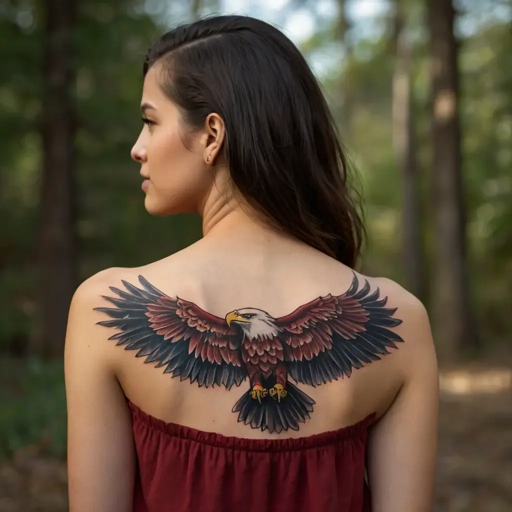 A majestic eagle tattoo with outstretched wings, detailed in vibrant red, black, and gold hues, spans the upper back.