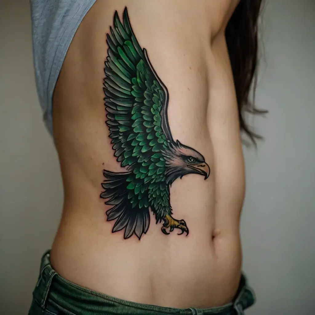 Tattoo of a vibrant green eagle in flight, wings spread, detailed feathers, on the left side of a person's torso.