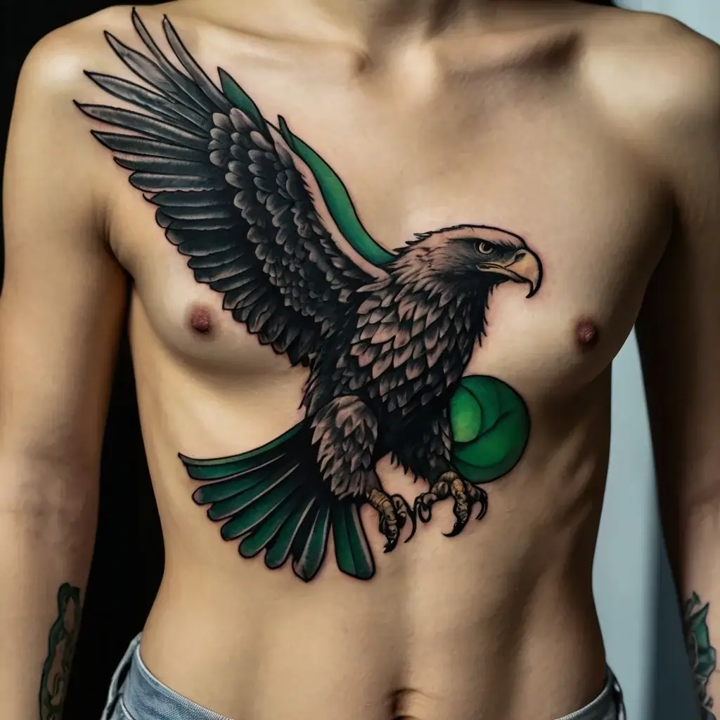 A striking tattoo of a soaring eagle clutching a green ball, with detailed feathers and bold colors spanning the chest.