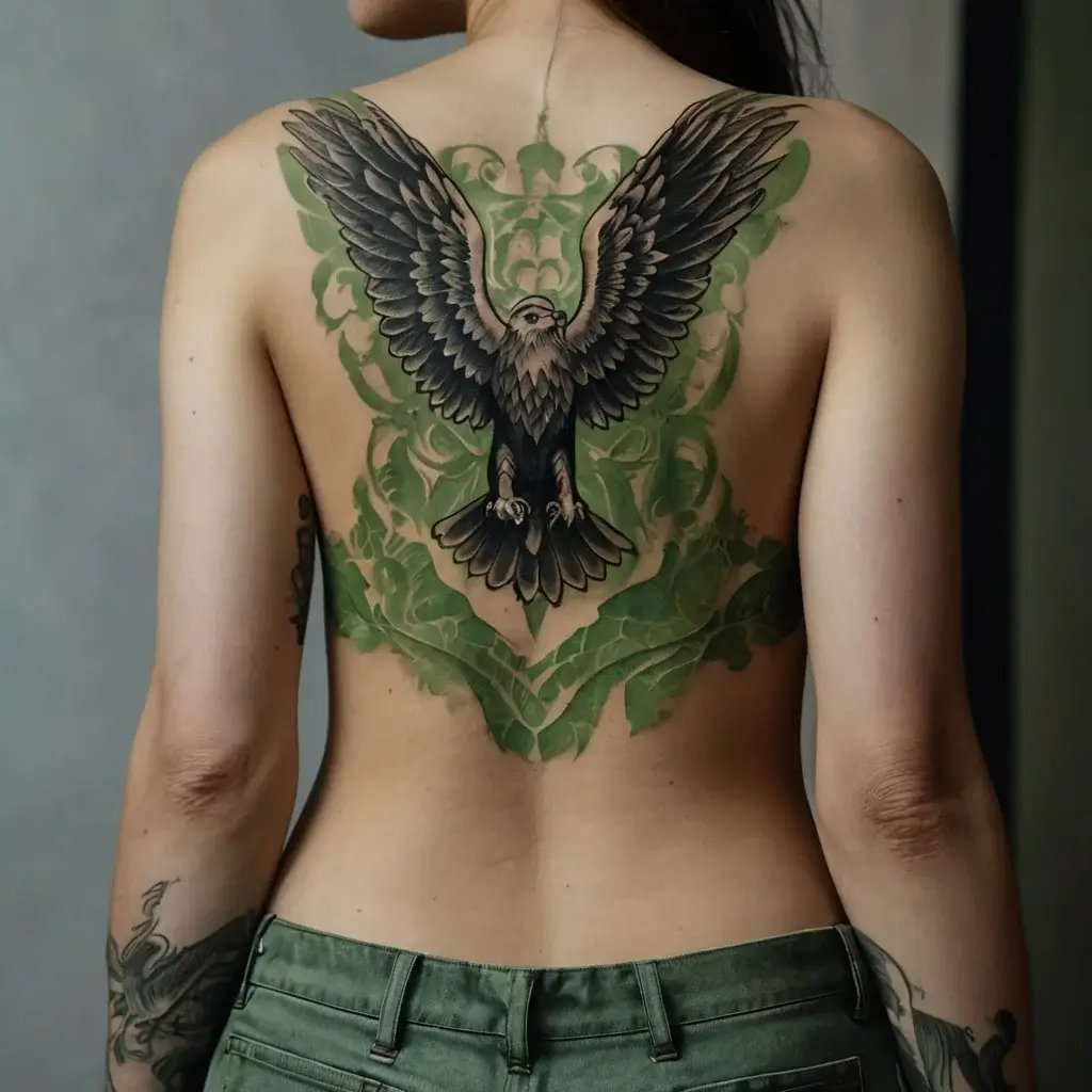 Back tattoo of a flying eagle with detailed wings over a green ornamental background, symbolizing freedom and strength.