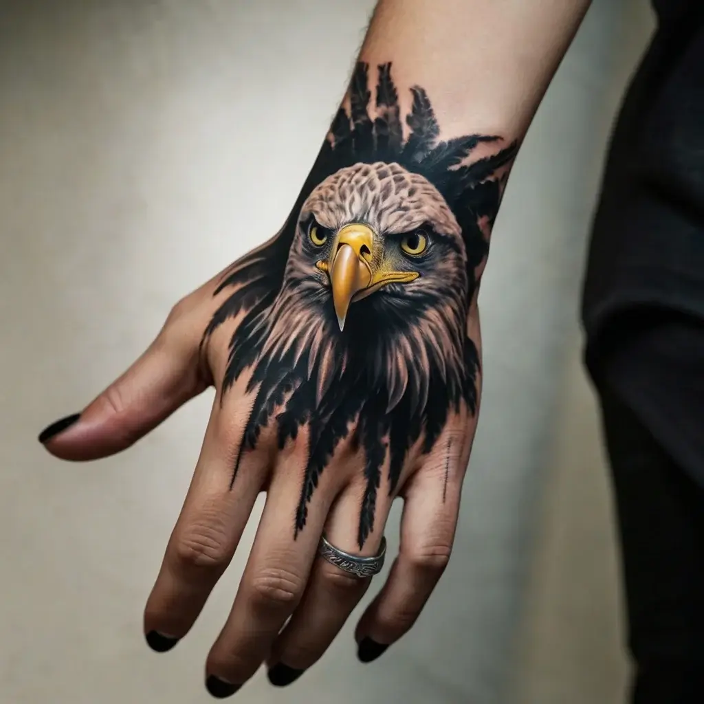 Realistic eagle head tattoo on hand, with piercing eyes and textured feathers spreading artistically around the wrist.