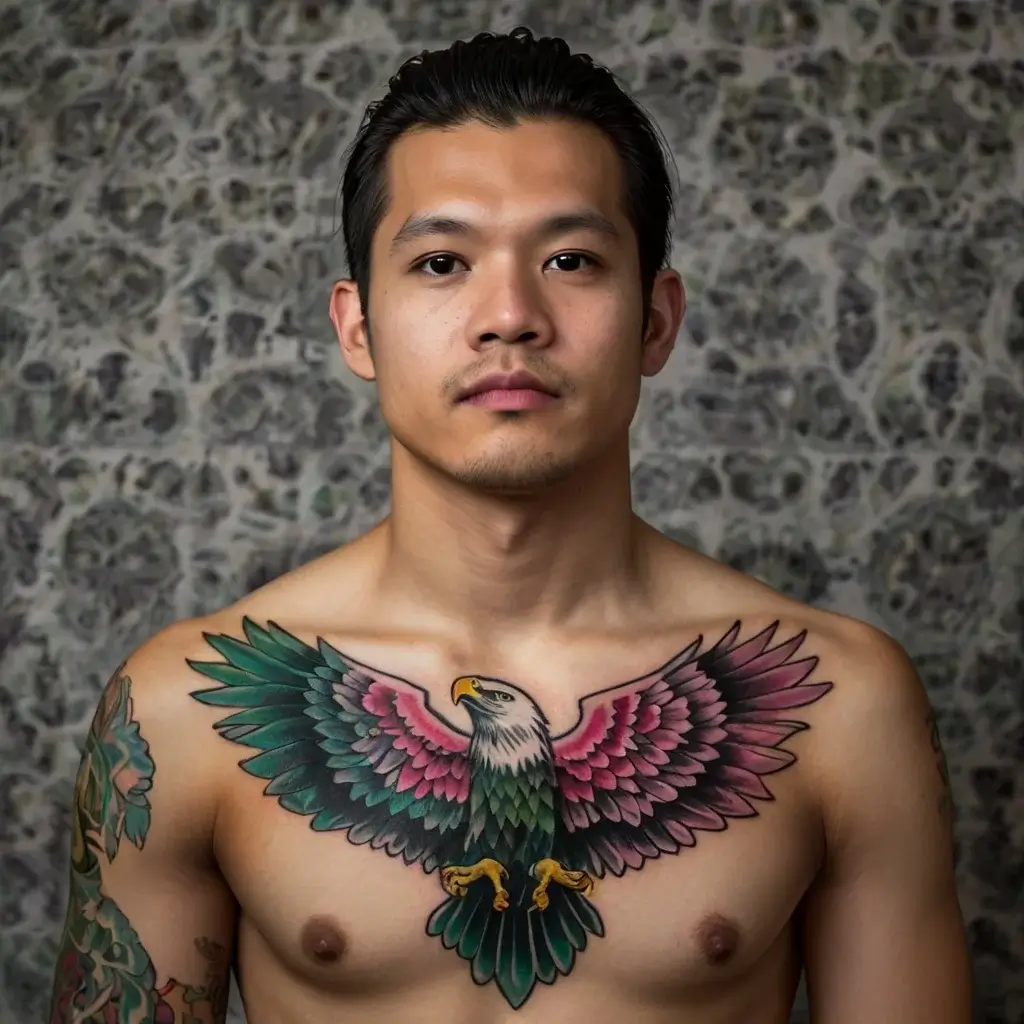 Chest tattoo of a vibrant eagle with open wings, showcasing gradient hues of green, purple, and pink, symbolizing freedom.