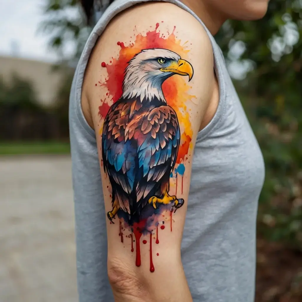 Watercolor tattoo of a majestic eagle with vibrant splashes of red, orange, and blue on the upper arm.