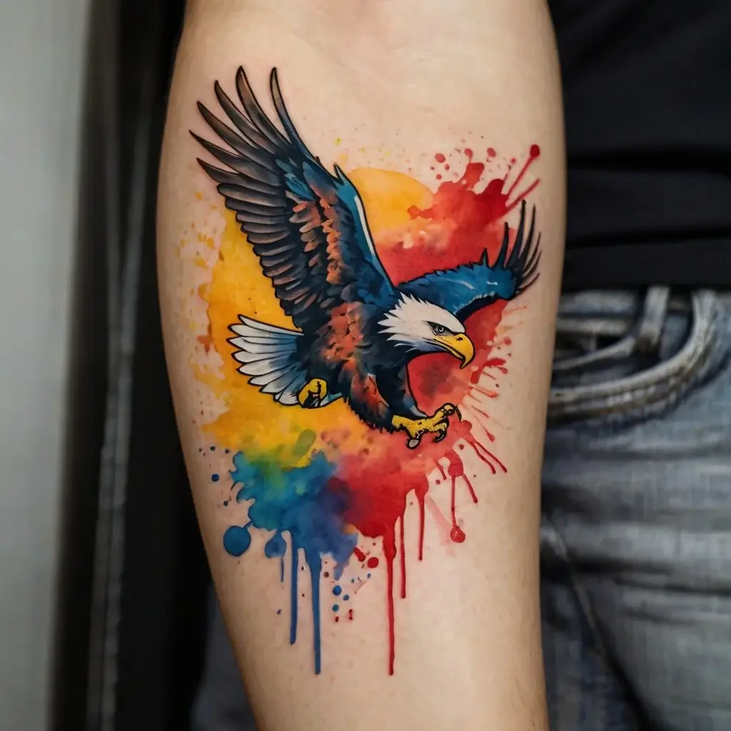 Tattoo of a soaring eagle with vibrant wings, detailed over a colorful watercolor splash background on the forearm.