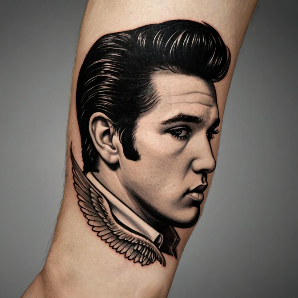 Realistic portrait tattoo of a person with slicked-back hair, featuring angel wing detail on the collar.