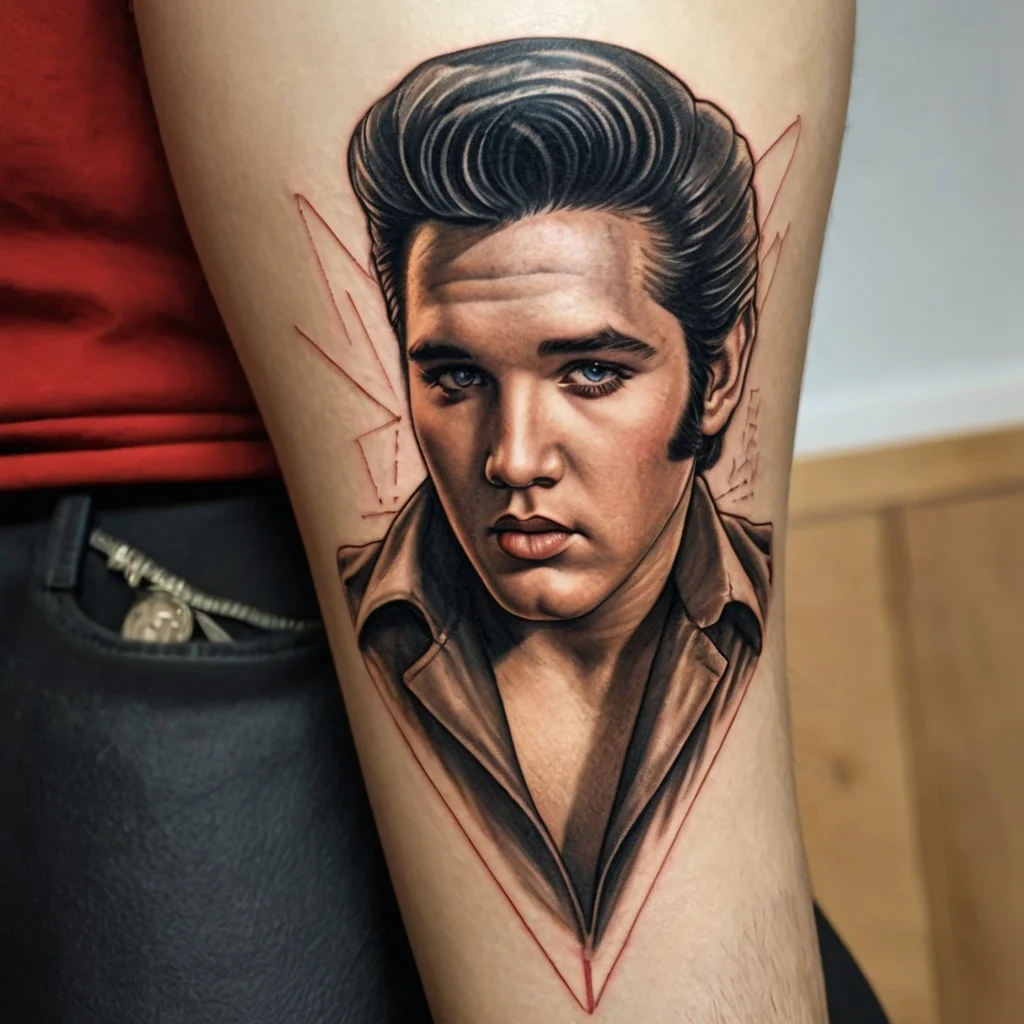 Realistic portrait tattoo of a young man with styled hair on an arm, framed by geometric lines in black and red.