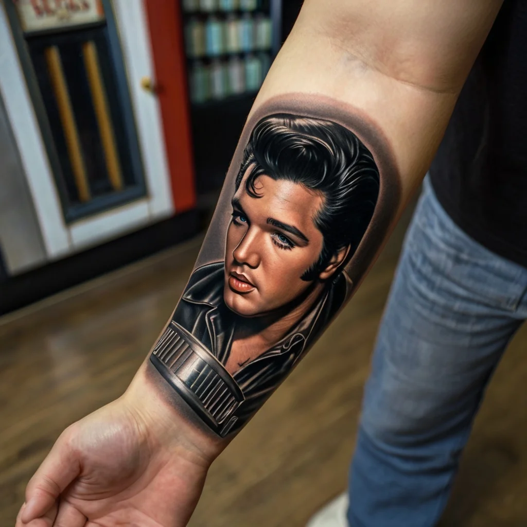 Realistic black and gray portrait tattoo of a classic rock musician with detailed shading and lifelike expression on forearm.