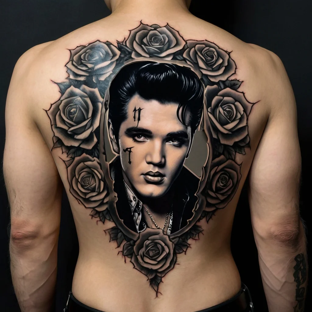 Realistic portrait tattoo with roses encircling it, centered on the back. Touches of gray ink add depth and detail.