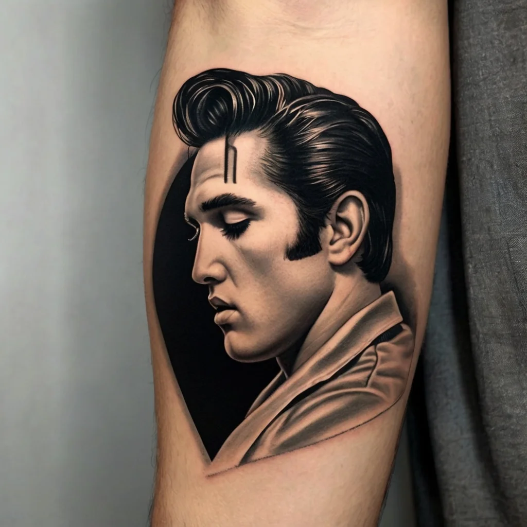 Realistic black and gray tattoo of a young man with classic hair, detailed shading, and a nostalgic expression on the arm.