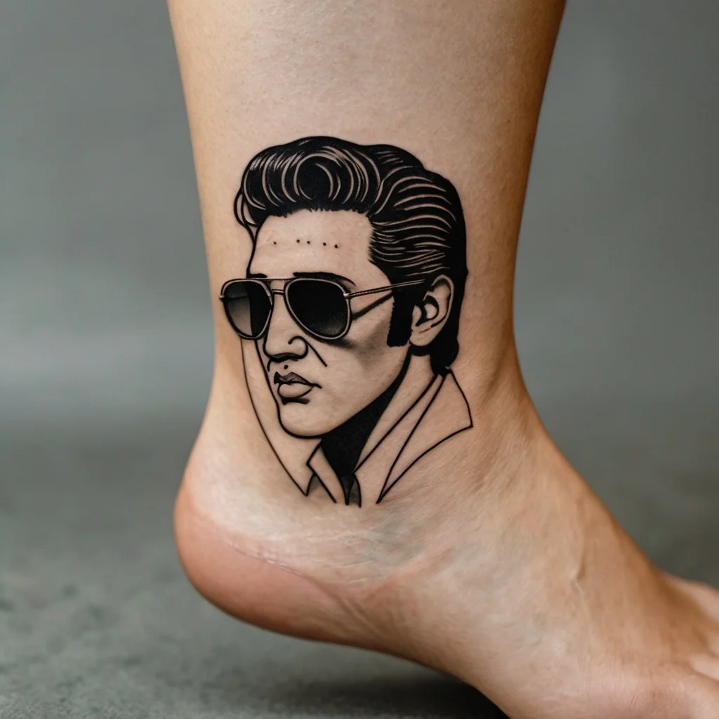 Black and gray tattoo of a classic-style man with slicked-back hair and sunglasses on the ankle.