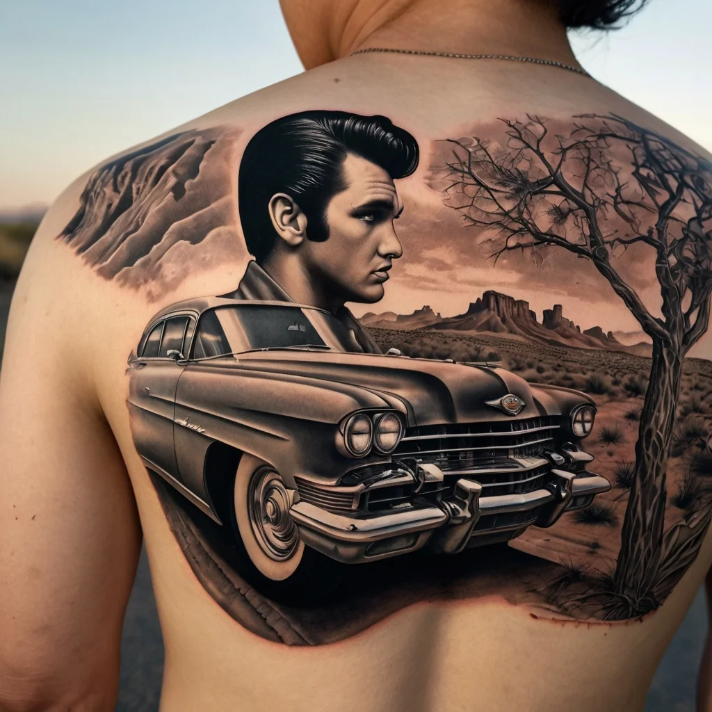 Tattoo of vintage car and iconic figure with desert landscape and bare tree, detailed in black and gray realism on back.