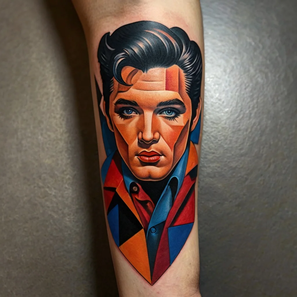 Geometric tattoo of a man's stylized portrait with vibrant colors, sharp angles, and intricate shading.