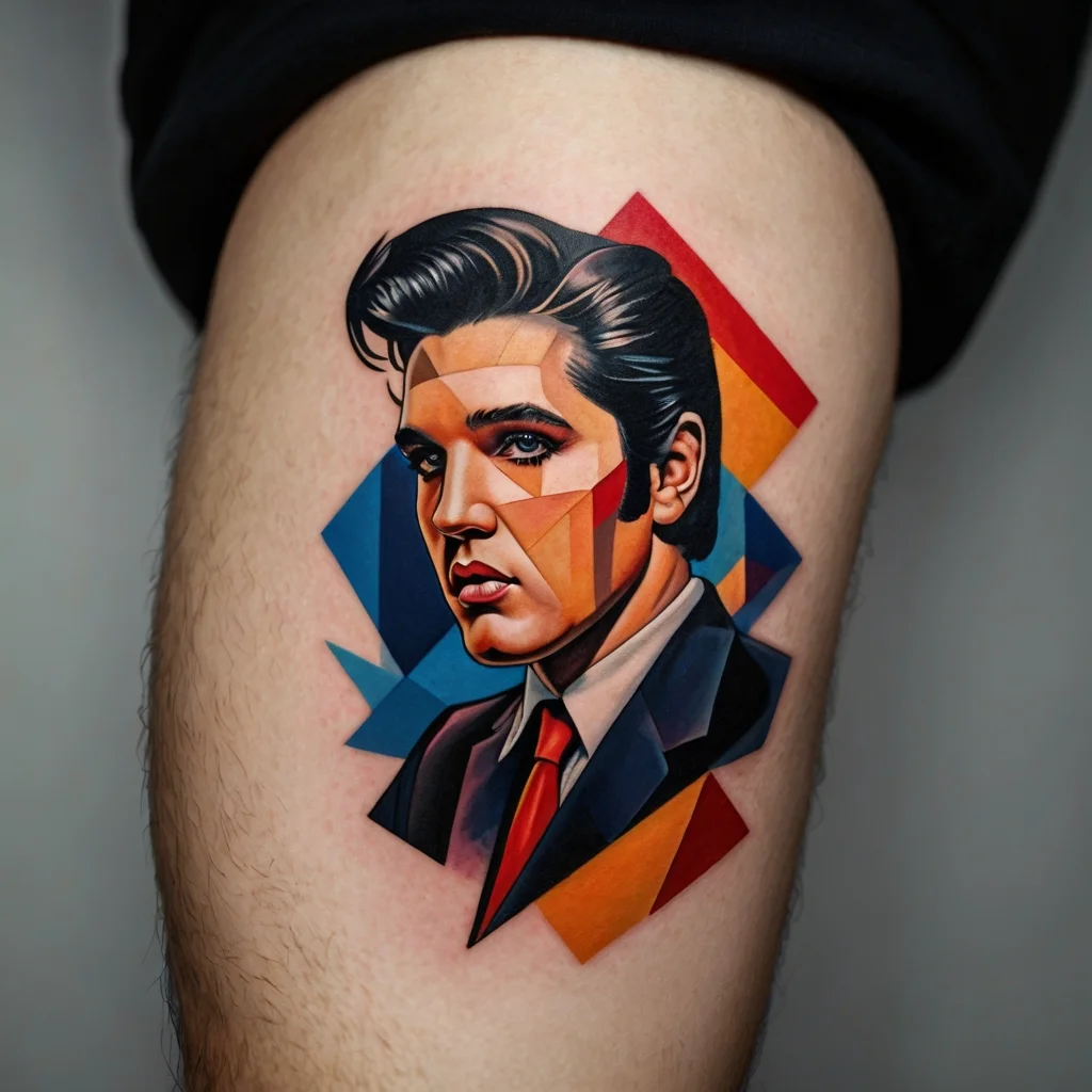 Geometric portrait tattoo with vibrant colors, featuring a man in a suit against a colorful abstract background.