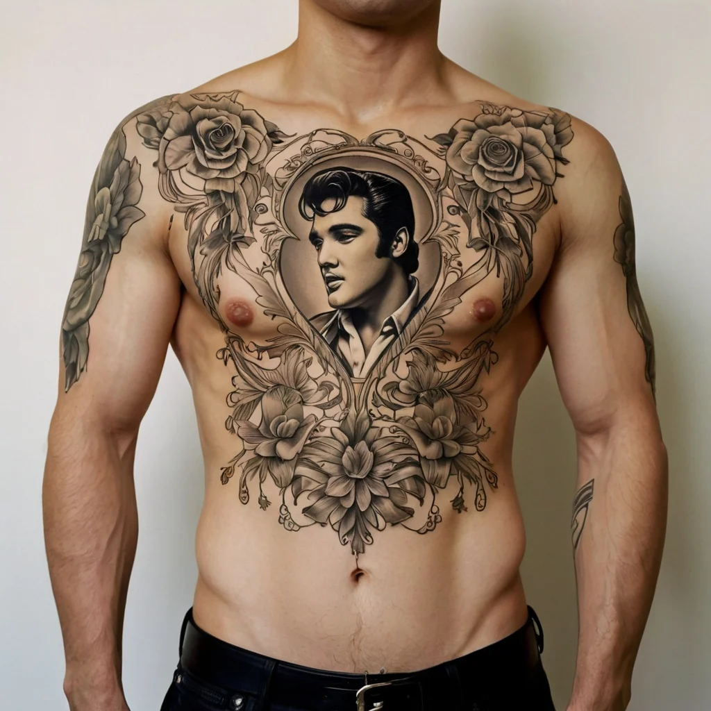 Chest tattoo of a classic figure surrounded by ornate roses and leaves, blending realism with intricate floral patterns.