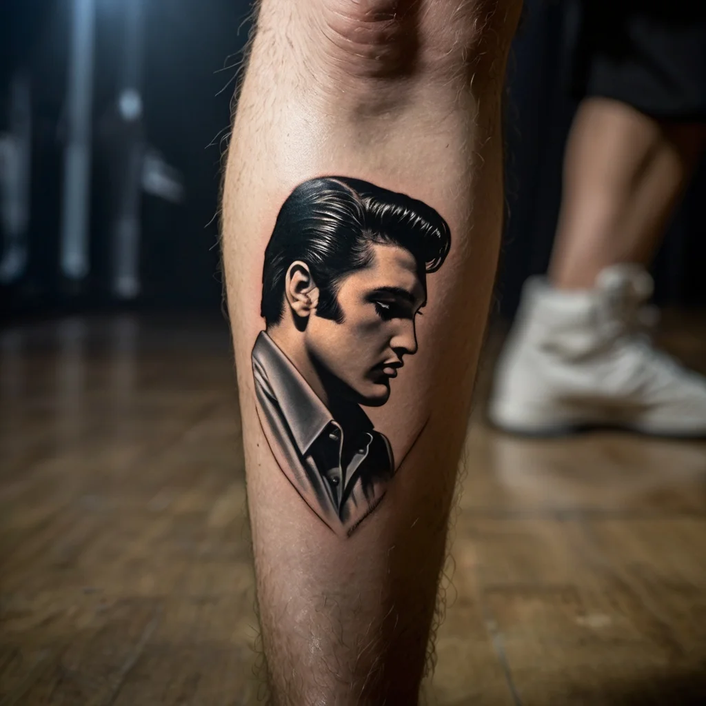 Realistic tattoo of a man's side profile with slicked-back hair on a leg, capturing a classic, timeless style.